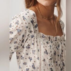 Anthropologie Button-Down Puff-Sleeve Eyelet Top NEW White Blue Floral
